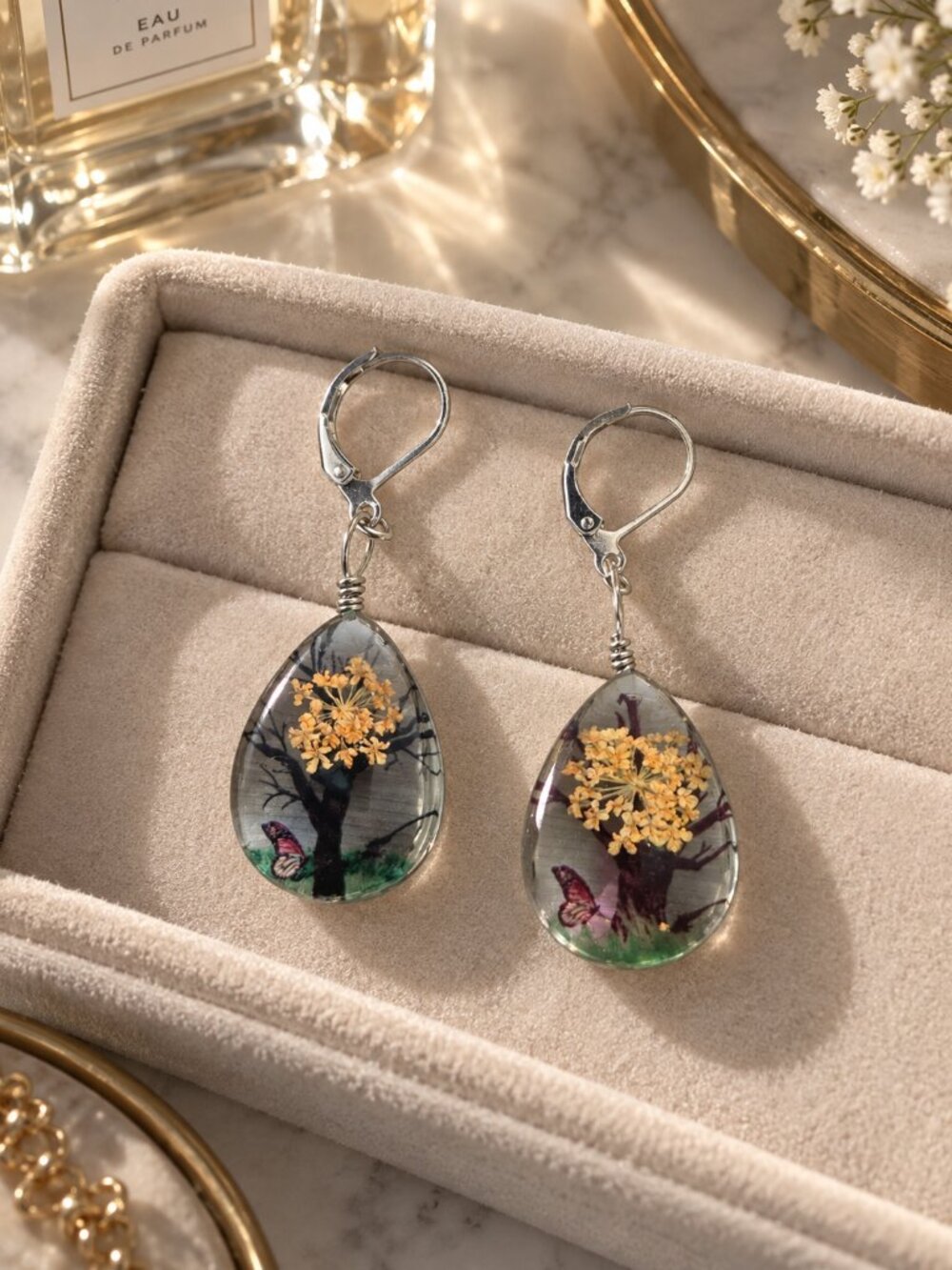 Handmade Pressed Flower Resin Teardrop Earrings Yellow Botanical One Size